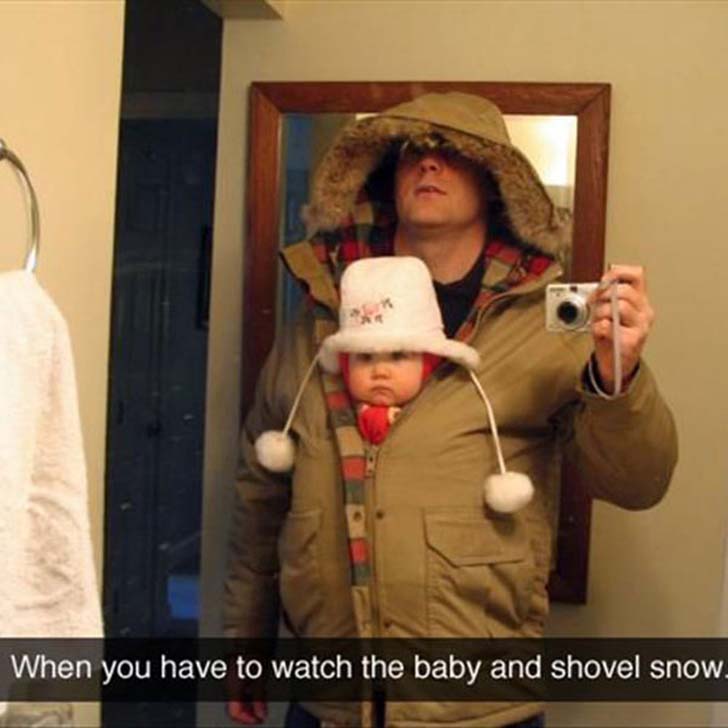 When you have to watch the baby and shovel snow at the same time.