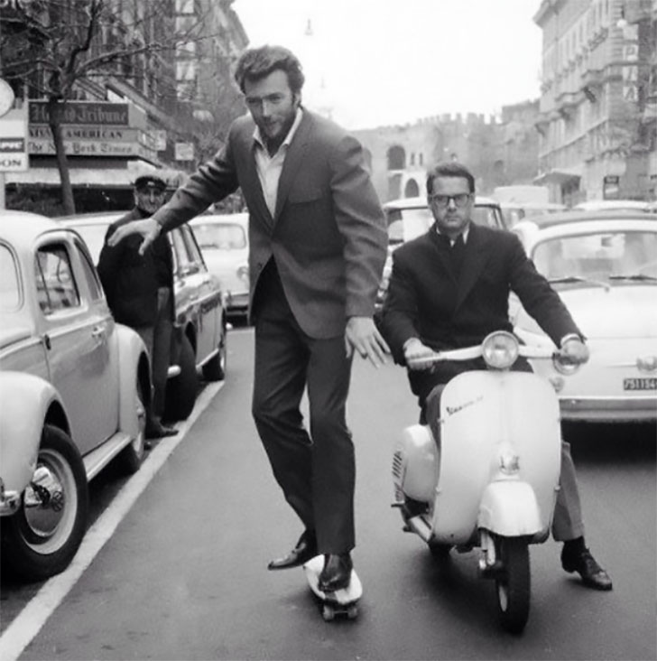 Clint Eastwood tried a new transportation device - the skateboard, 1964